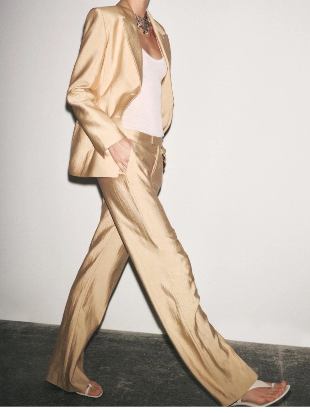 Zara NWT 2 piece SET ZW collection Gold cinch waist structured blazer & pants - Picture 11 of 15